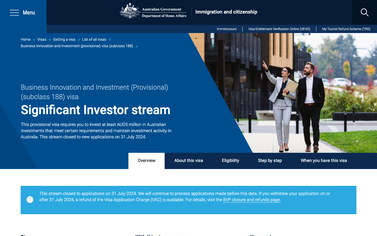 Screenshot of the Australian Department of Home Affairs page for the Business Innovation and Investment provisional subclass 188 visa Significant Investor stream, carrying a banner stating that this stream closed to applications on 31 July 2024