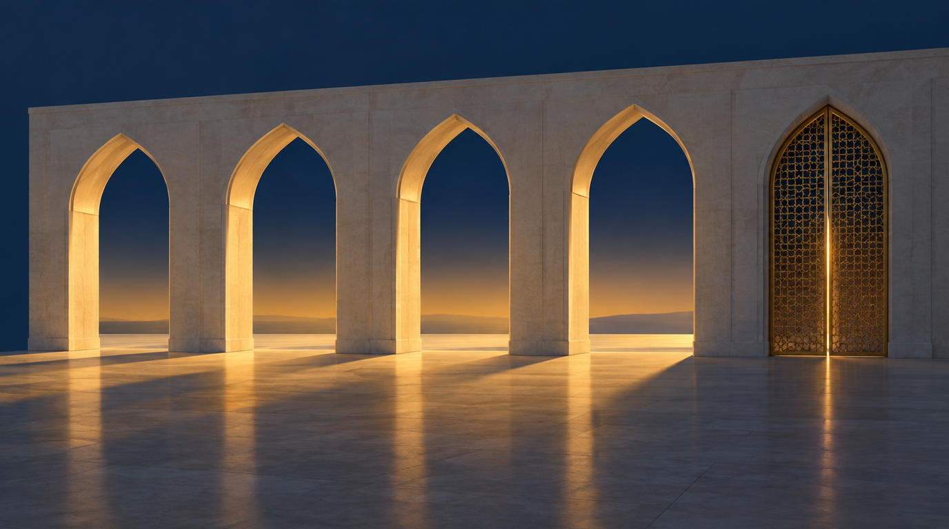 Limestone wall pierced by five tall pointed arches at dusk: the four on the left stand wide open with warm amber light pouring through onto the floor, while the fifth on the right is closed behind a fine golden lattice gate