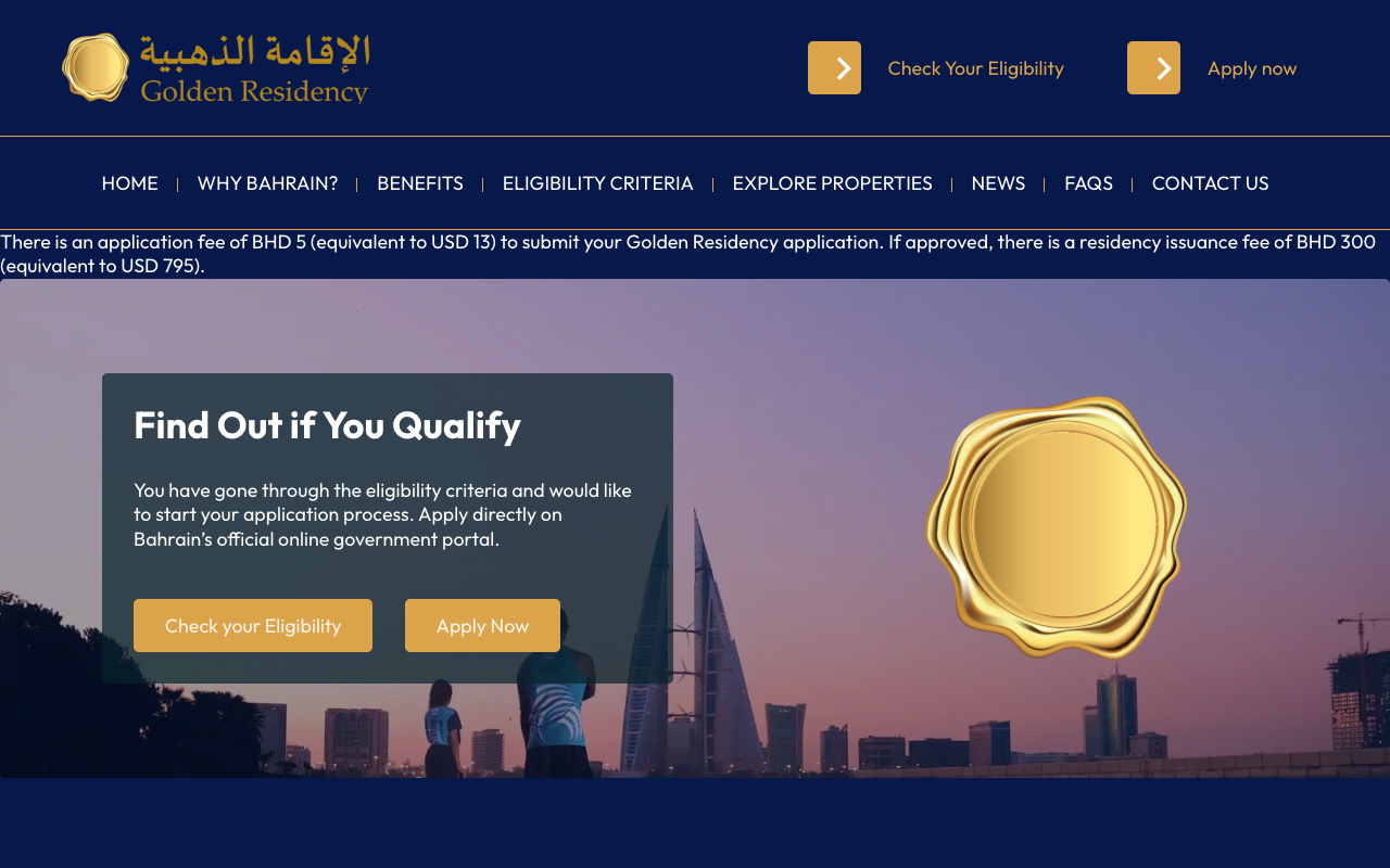 Screenshot of the Golden Residency fees FAQ reading: there is an application fee of BHD 5 equivalent to USD 13 to submit your Golden Residency application, and if approved there is a residency issuance fee of BHD 300 equivalent to USD 795