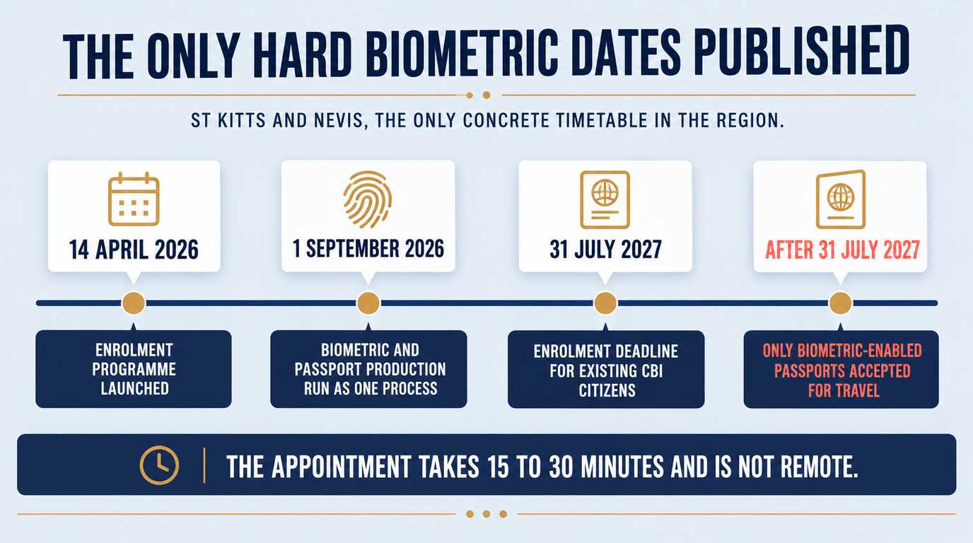 St Kitts and Nevis biometric timeline: enrolment launched 14 April 2026, biometric and passport production as one process from 1 September 2026, and an enrolment deadline of 31 July 2027