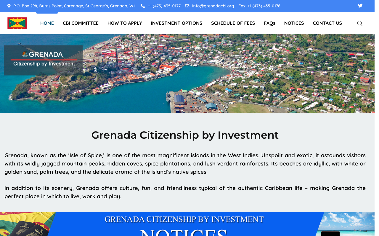 The Grenada Citizenship by Investment Committee homepage at cbi.gov.gd, the page carrying the published three to four month figure