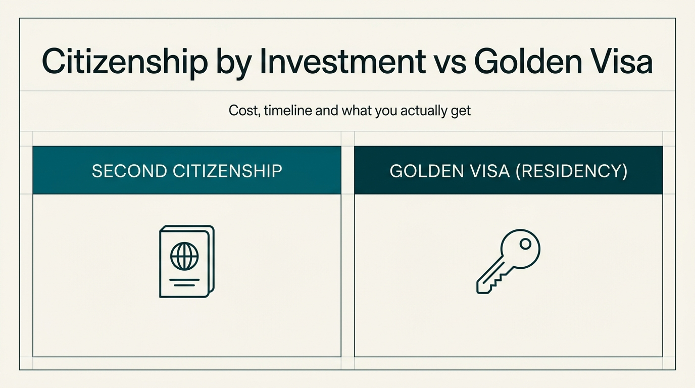 Title card contrasting second citizenship with a golden visa residence permit.