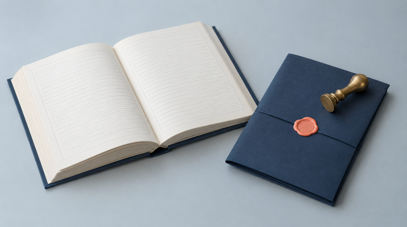 An open hardbound book with blank ruled pages beside a navy folder sealed with a coral wax seal and a brass stamp resting on top