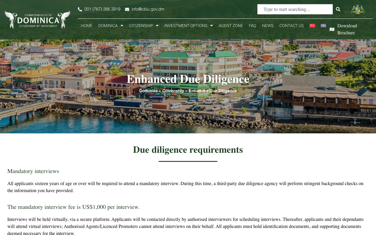 Screenshot of the Dominica Citizenship by Investment Unit page on enhanced due diligence, the official source for which applicants the higher fees apply to