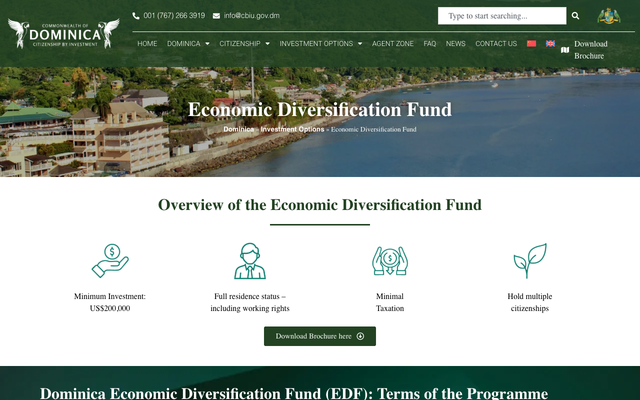 Screenshot of the Dominica Citizenship by Investment Unit page for the Economic Diversification Fund, the official source for the contribution and fee figures on this page