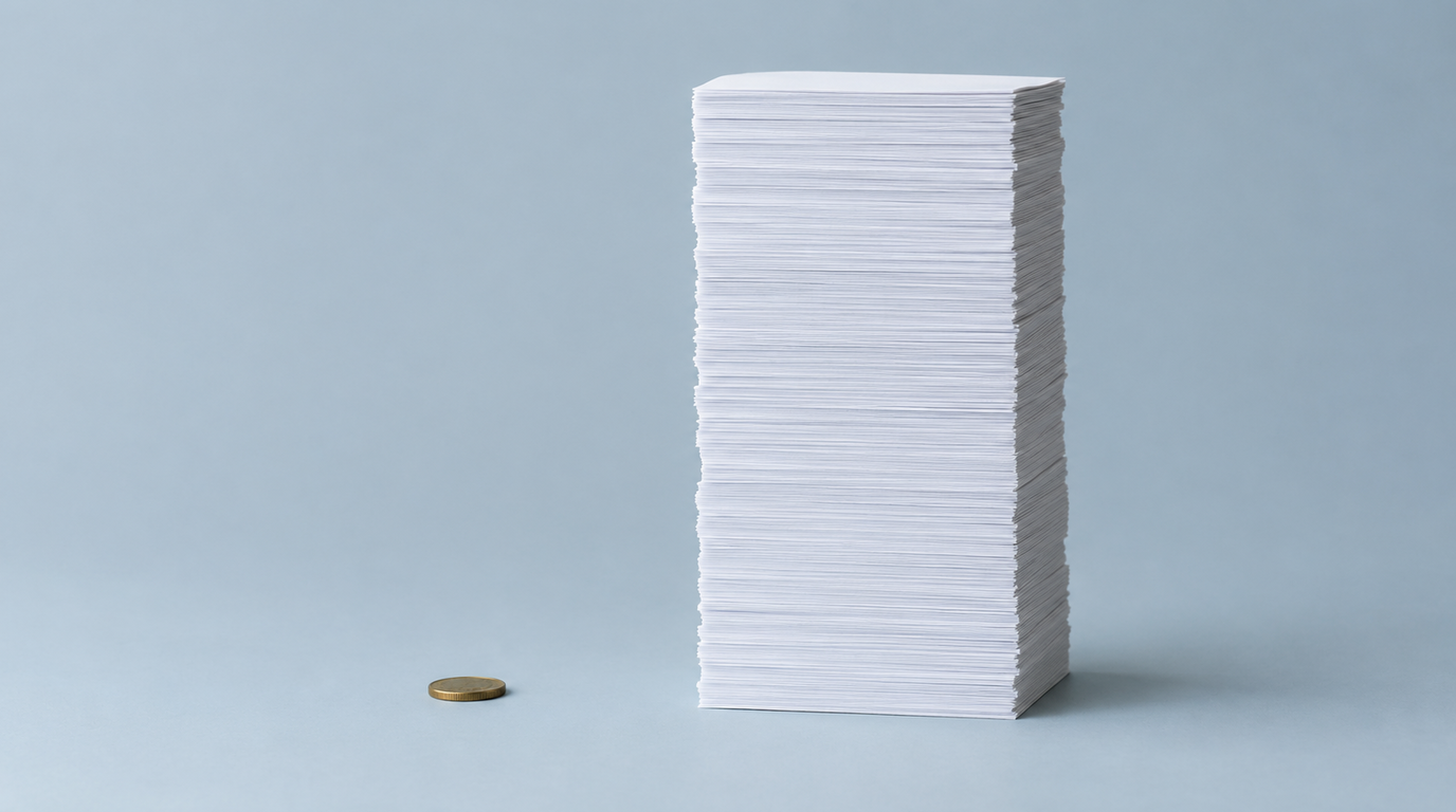 A single small brass coin lying flat beside a very tall stack of plain white paper that towers far above it, on a pale grey-blue surface