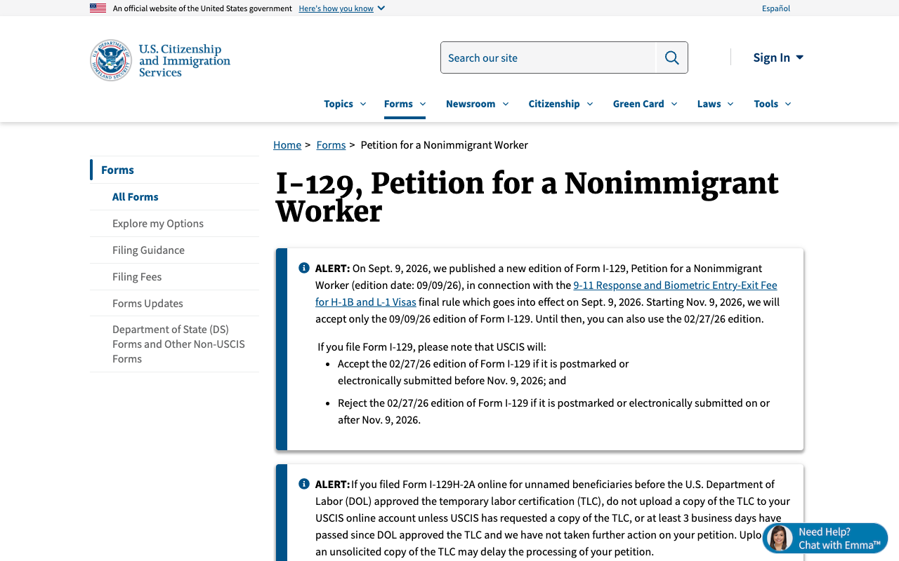 The USCIS page for Form I-129, Petition for a Nonimmigrant Worker, carrying an alert that a new edition dated 09/09/26 was published on 9 September 2026 and that from 9 November 2026 only that edition will be accepted