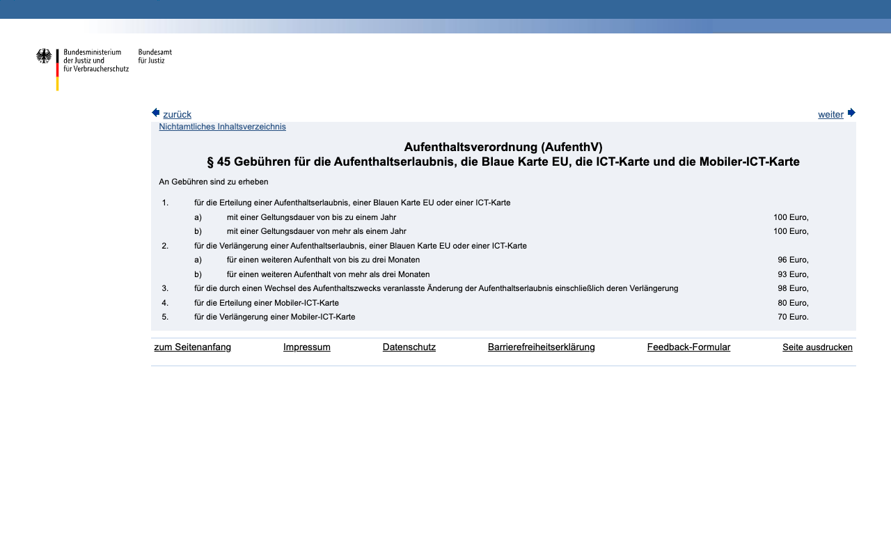 Screenshot of section 45 of the German Residence Regulation on gesetze-im-internet.de, listing 100 Euro for the issue of a residence permit, Blue Card or ICT card, 96 and 93 Euro for extensions of up to and more than three months, and 98 Euro for a change of the purpose of stay