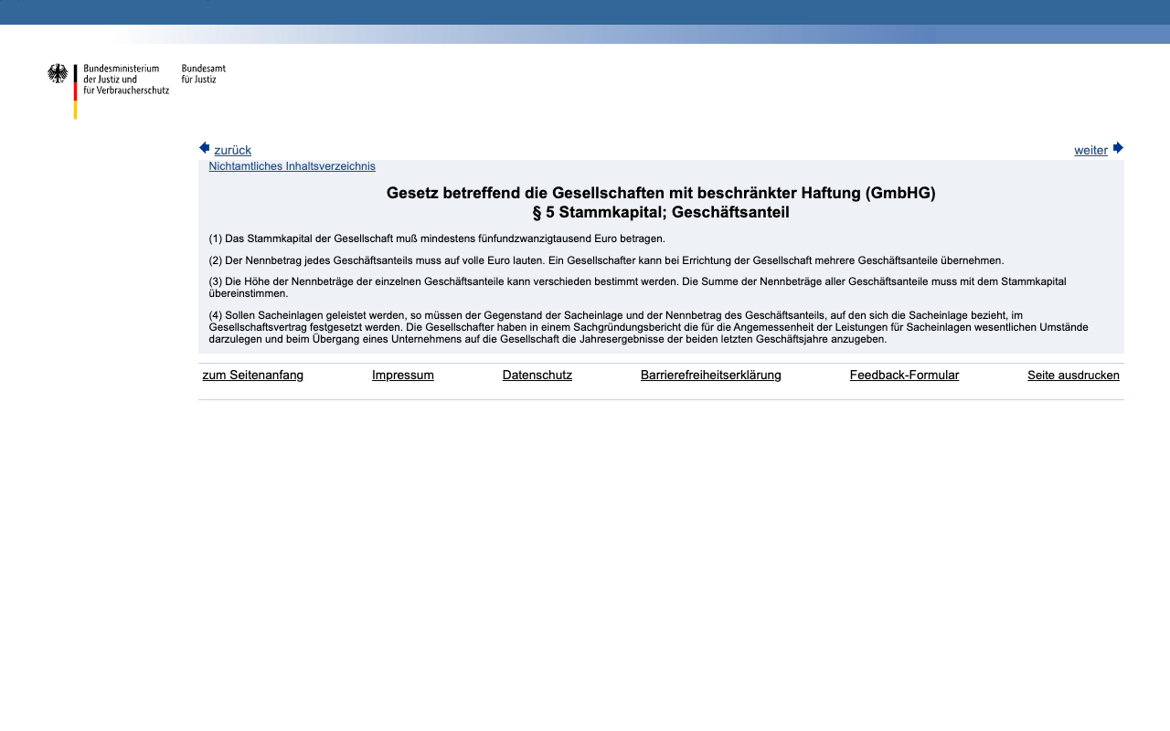 Screenshot of section 5 of the German Limited Liability Companies Act on gesetze-im-internet.de, setting the minimum share capital of a GmbH at 25,000 Euro and the minimum nominal amount of a share at one Euro