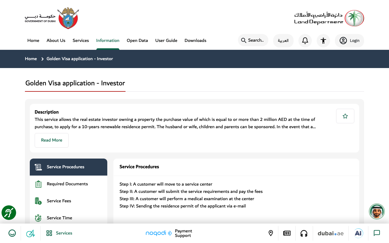 Dubai Land Department golden visa investor service page describing the 2 million dirham property threshold and a ten-year renewable residence permit