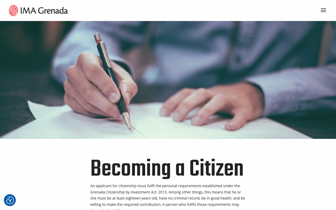 Screenshot of the Investment Migration Agency Grenada page headed Becoming a Citizen, which sets out the personal requirements established under the Grenada Citizenship by Investment Act 2013
