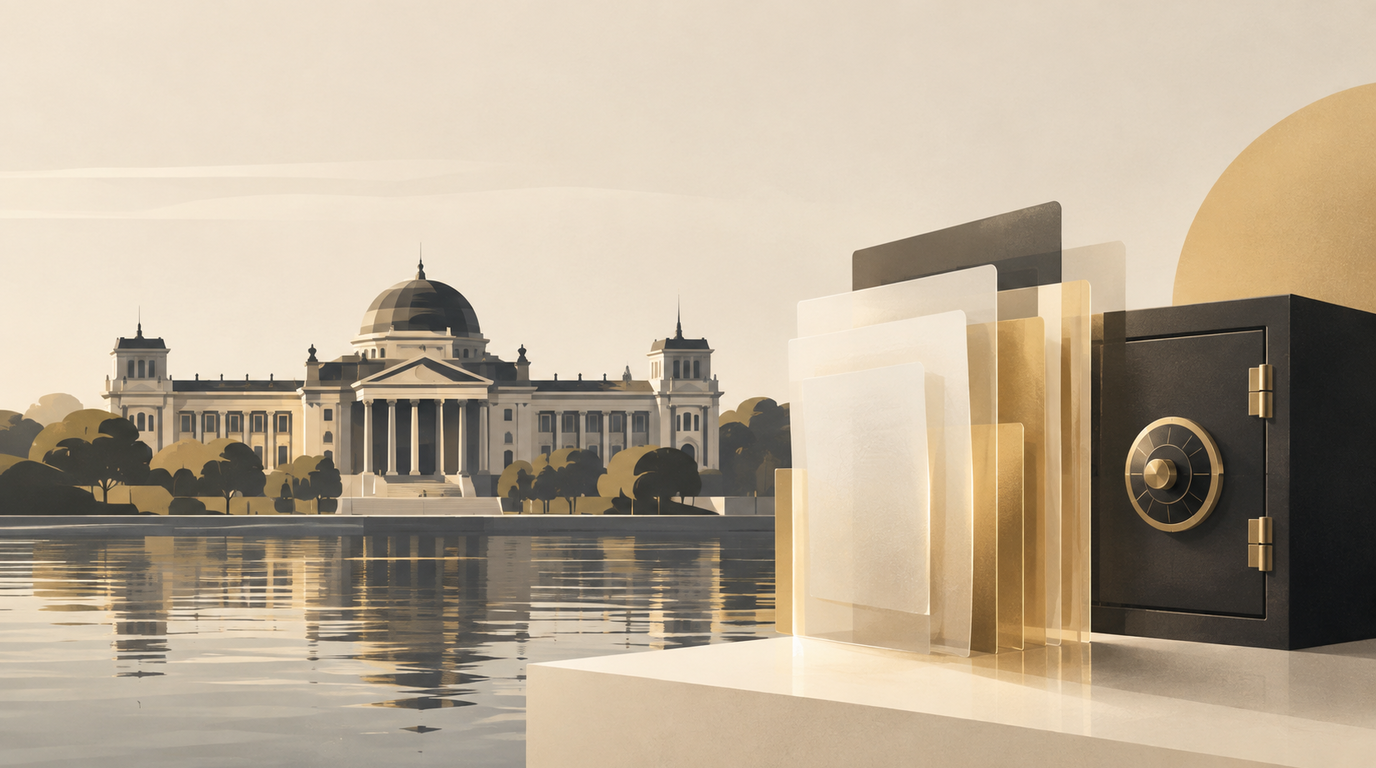 Flat geometric illustration of a neoclassical riverside parliament building in cream and gold beside a stack of translucent document folios and a dark steel vault with a brass dial.