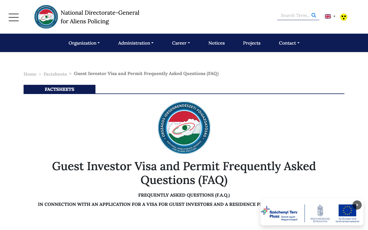 The National Directorate-General for Aliens Policing website showing its Guest Investor Visa and Permit Frequently Asked Questions factsheet.