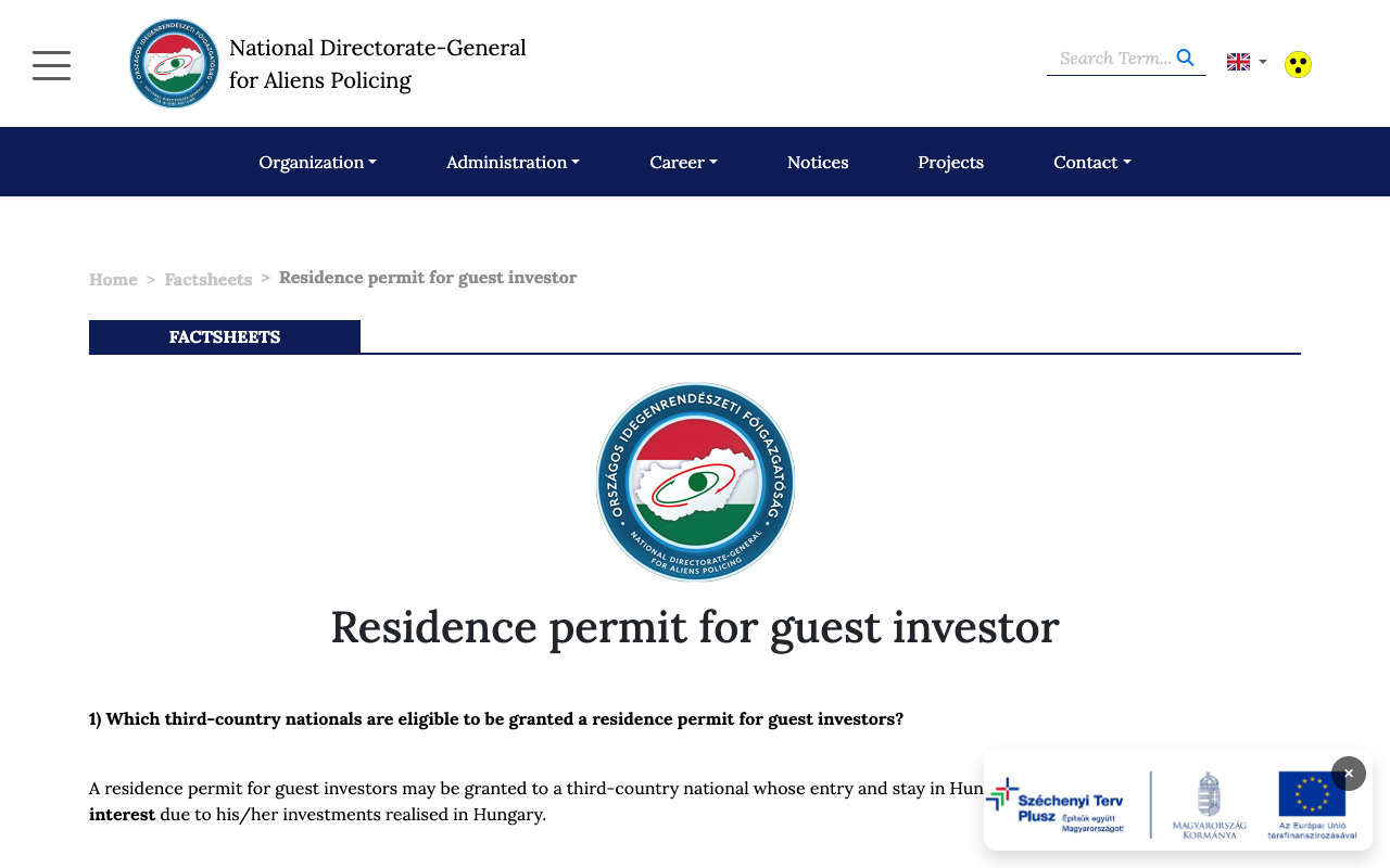 The National Directorate-General for Aliens Policing website showing its Residence permit for guest investor factsheet.