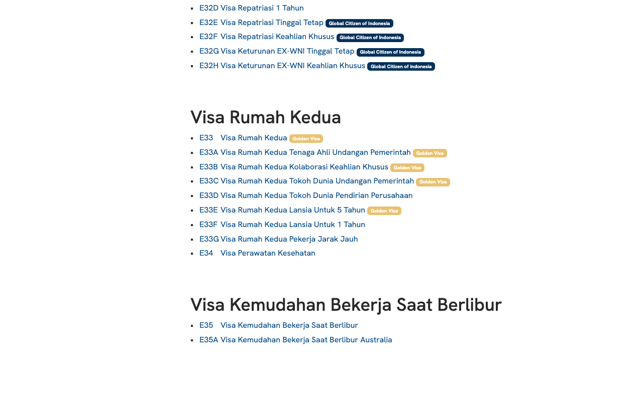 Screenshot of the Directorate General of Immigration's Indonesian Visa List showing the Visa Rumah Kedua section, where E33, E33A, E33B, E33C and E33E each carry a gold Golden Visa badge while E33D, E33F, E33G and E34 do not, above the repatriation indices E32E to E32H carrying Global Citizen of Indonesia badges
