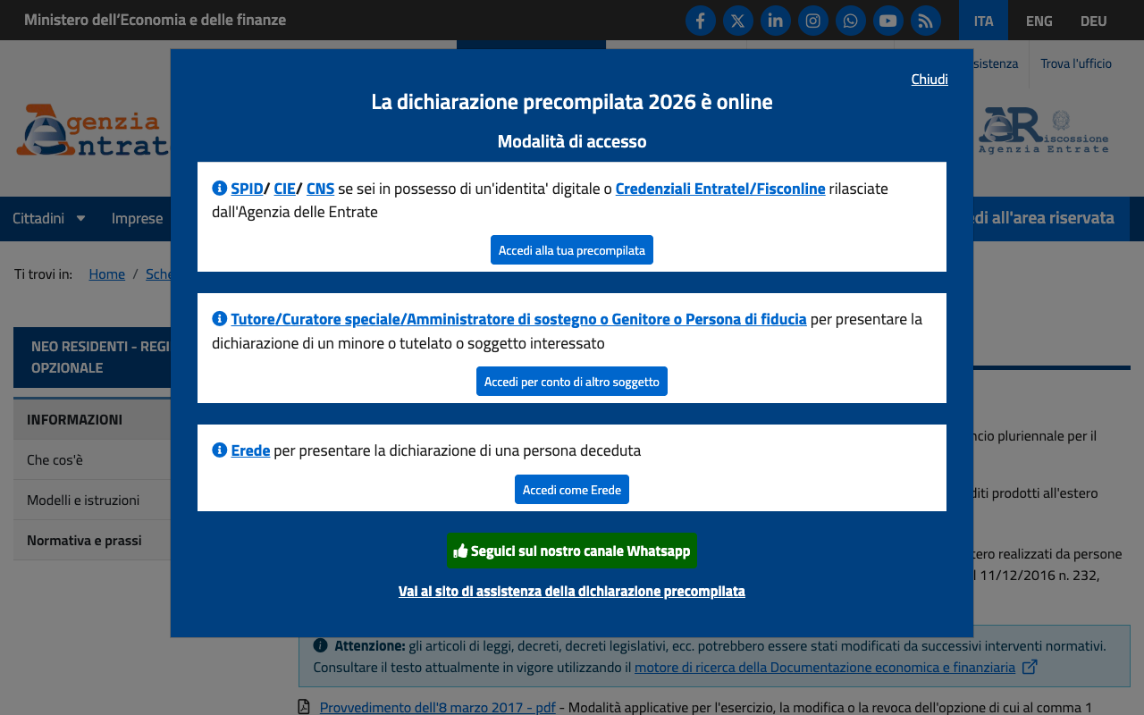 Agenzia delle Entrate page for the optional regime for new residents, listing the governing legislation and practice documents for the substitute tax on foreign income