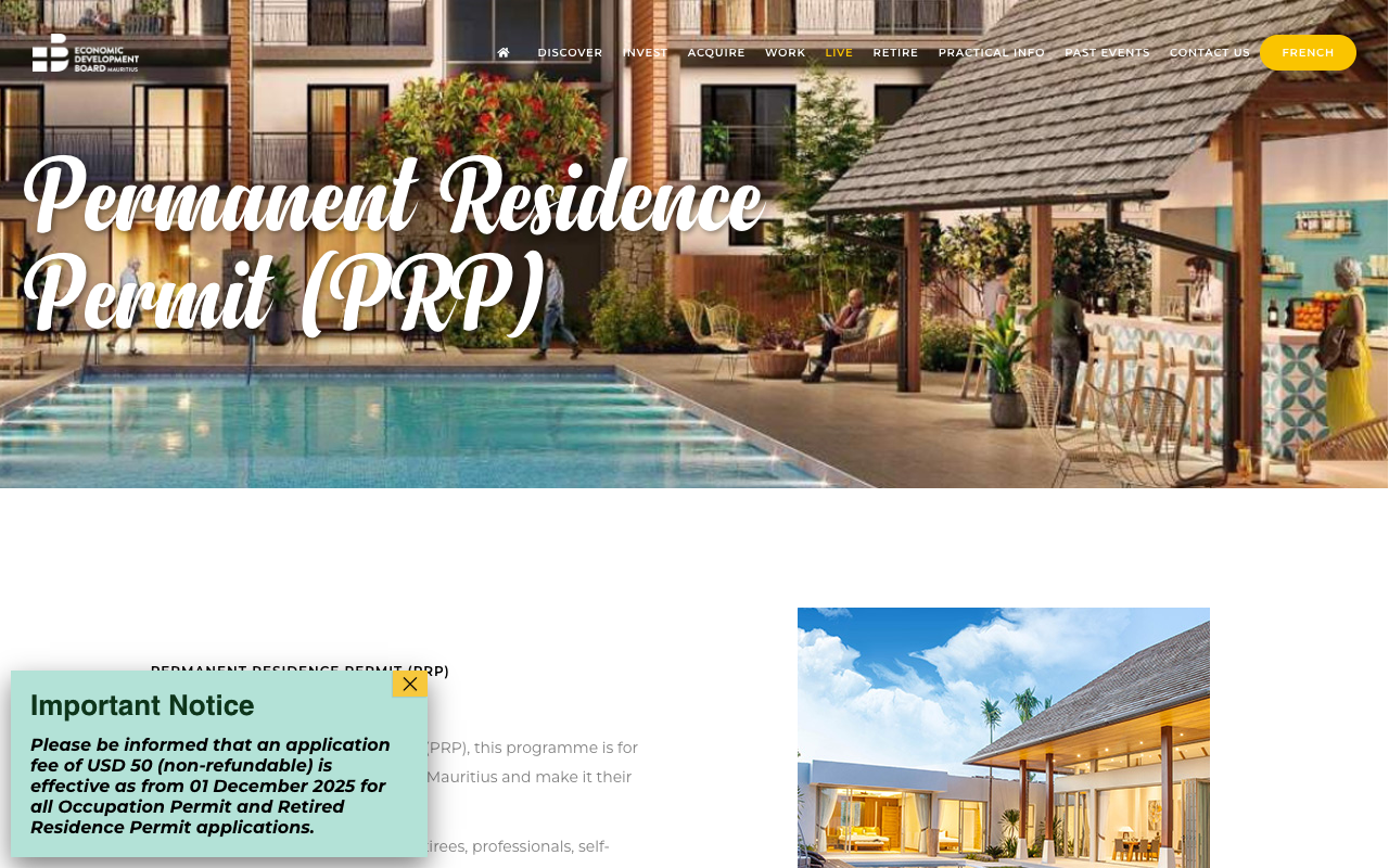 Screenshot of the Economic Development Board's residency portal page for the Permanent Residence Permit, carrying a yellow Important Notice box reading: Please be informed that an application fee of USD 50 (non-refundable) is effective as from 01 December 2025 for all Occupation Permit and Retired Residence Permit applications