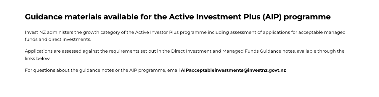 Screenshot of the Invest New Zealand acceptable investments page stating that Invest NZ administers the growth category of the Active Investor Plus programme and assesses applications for acceptable managed funds and direct investments.