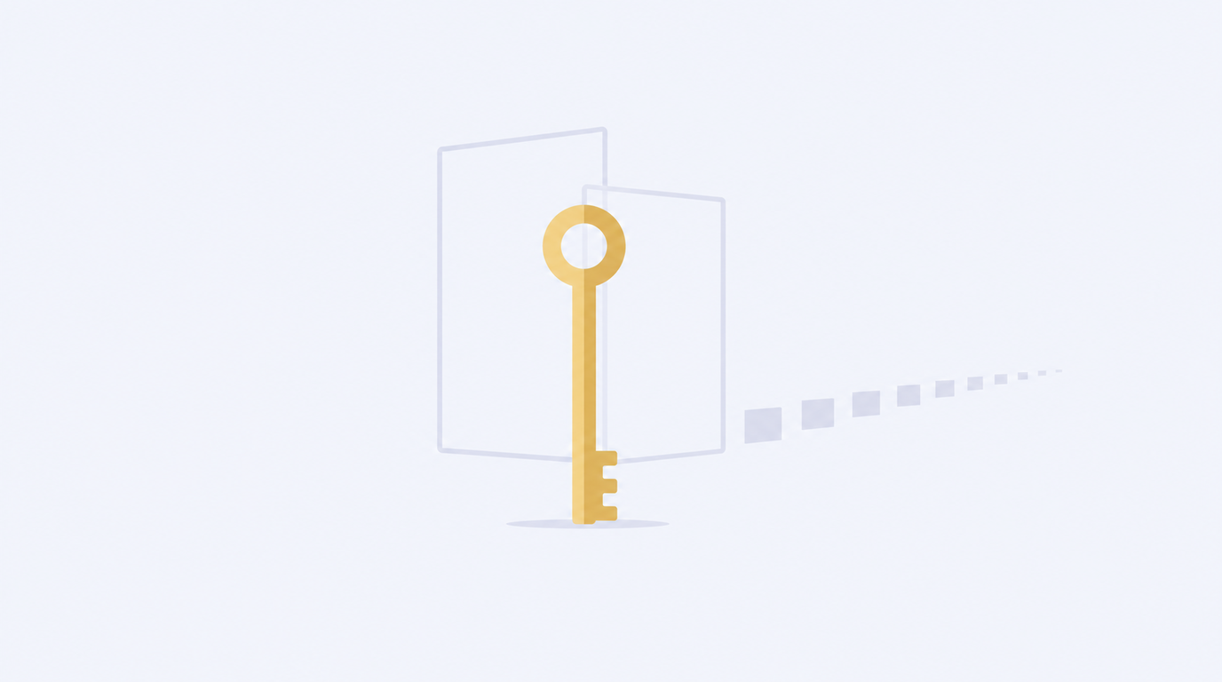 Flat-vector illustration: a tall pale-gold key standing upright in front of two faint overlapping rectangular outlines of different sizes, with a long queue of small pale grey blocks receding to the right.