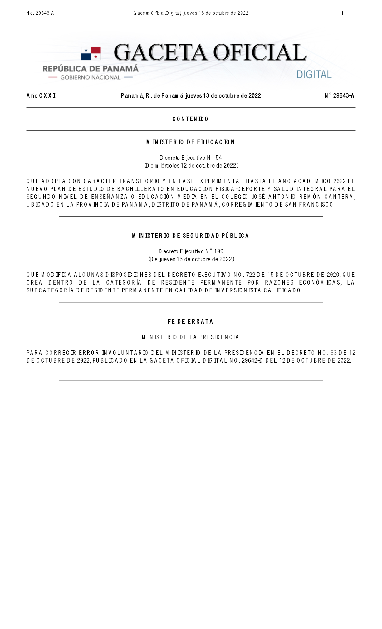 Cover of Gaceta Oficial Digital number 29643-A of Thursday 13 October 2022, listing Decreto Ejecutivo 109 as modifying provisions of Decreto Ejecutivo 722 of 15 October 2020, which created the qualified-investor subcategory