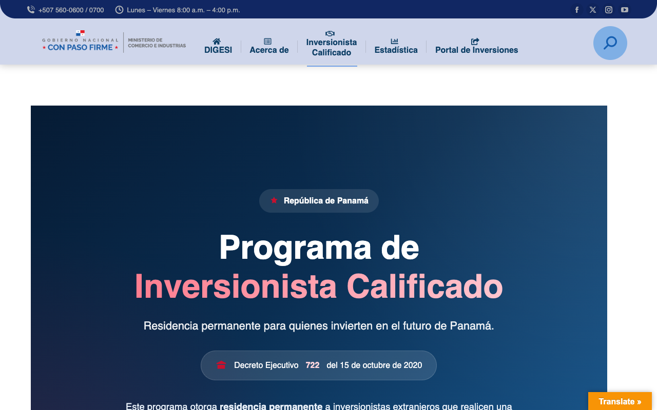 Ministry of Commerce and Industries Qualified Investor programme page headed Programa de Inversionista Calificado and badged Decreto Ejecutivo 722 del 15 de octubre de 2020