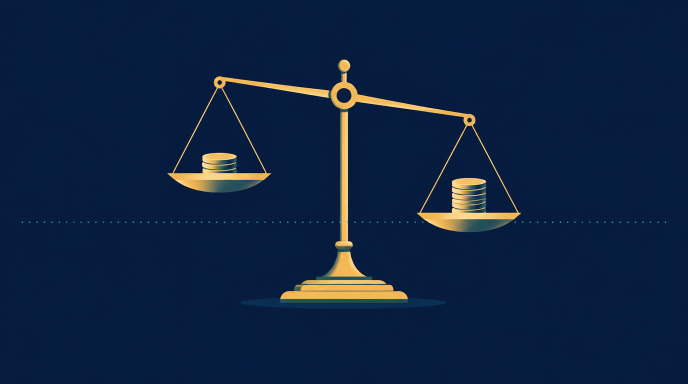 Illustration of a pair of balance scales tipped slightly out of level against a navy background, the left pan holding a short stack of gold coin discs and the right pan a taller stack, with a dotted threshold line running across the image just above the lower pan, which does not reach it