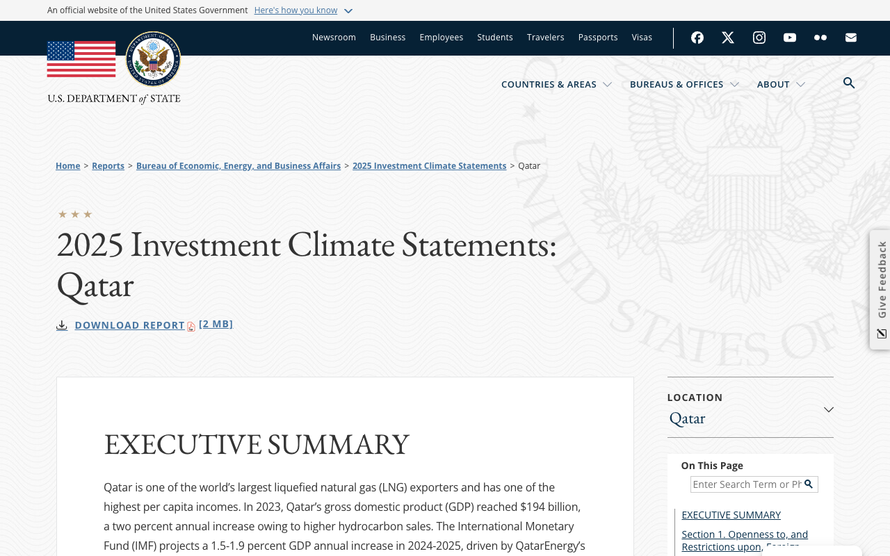 Screenshot of the United States Department of State web page titled 2025 Investment Climate Statements: Qatar, showing the report header, a download link and the start of the executive summary