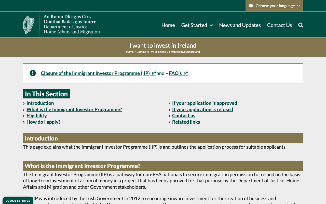 Screenshot of the Department of Justice Immigration Service Delivery page titled I want to invest in Ireland, captured 27 September 2026. A single notice links to the closure of the Immigrant Investor Programme and its FAQs; below it the page runs in the present tense with an In This Section menu covering Introduction, What is the Immigrant Investor Programme, Eligibility, How do I apply, If your application is approved and If your application is refused.