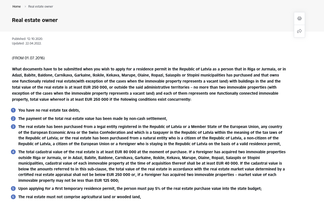 The Office of Citizenship and Migration Affairs Real estate owner page, marked Published 12.10.2020 and Updated 22.04.2022, still setting out the EUR 250 000 purchase threshold, the EUR 80 000 cadastral value condition, the requirement to pay 5 per cent of the real estate purchase value into the state budget, and a subsistence requirement of 1500 euros per month.