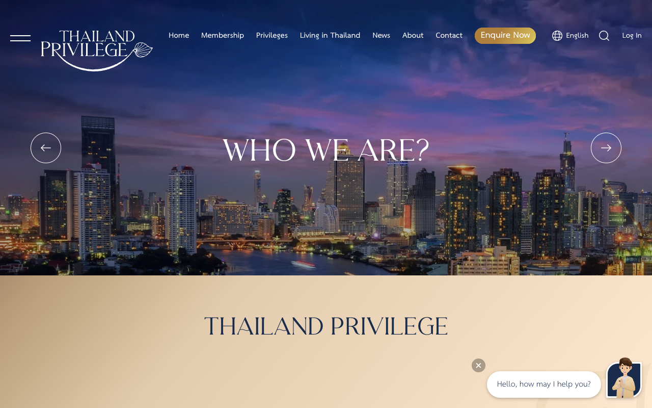 Thailand Privilege Who We Are page on the operator's official website, with navigation for Membership, Privileges, Living in Thailand, News, About and Contact over a Bangkok skyline at dusk