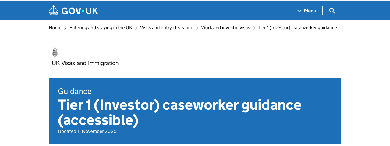 Screenshot of the GOV.UK page headed Tier 1 (Investor) caseworker guidance (accessible), published by UK Visas and Immigration and stamped Updated 11 November 2025.