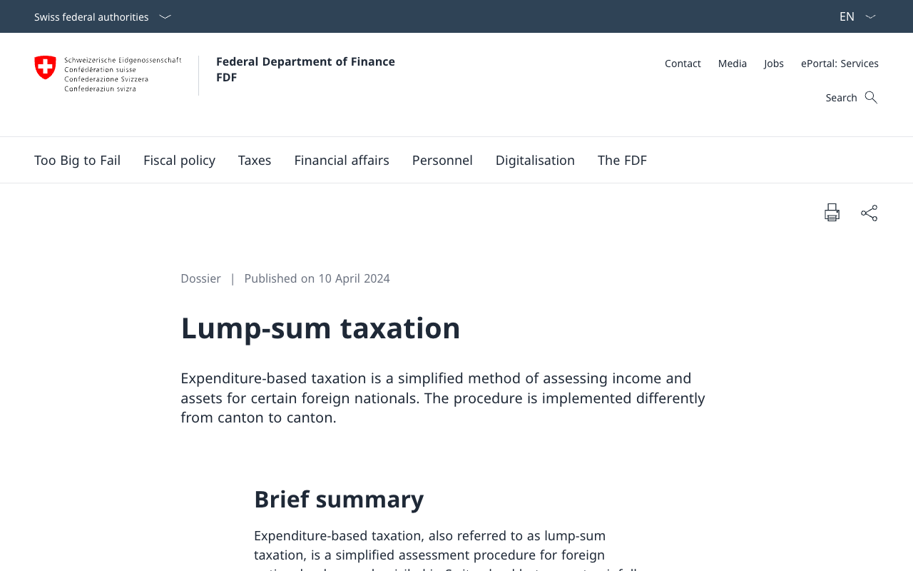 Screenshot of the Swiss Federal Department of Finance page headed Lump-sum taxation, published 10 April 2024, reading that expenditure-based taxation is a simplified method of assessing income and assets for certain foreign nationals and that the procedure is implemented differently from canton to canton