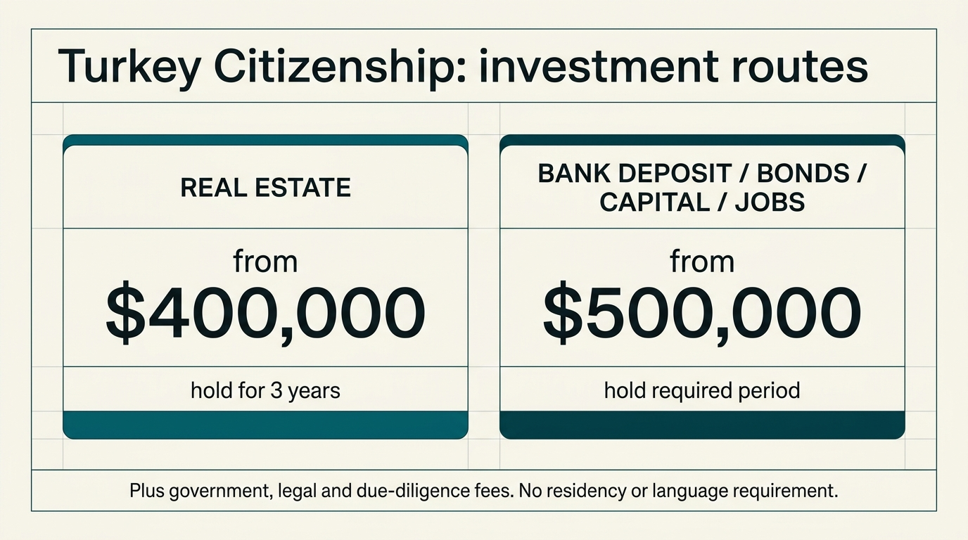 Turkey citizenship investment routes: 400,000 dollars real estate versus 500,000 dollars in other assets, plus fees.