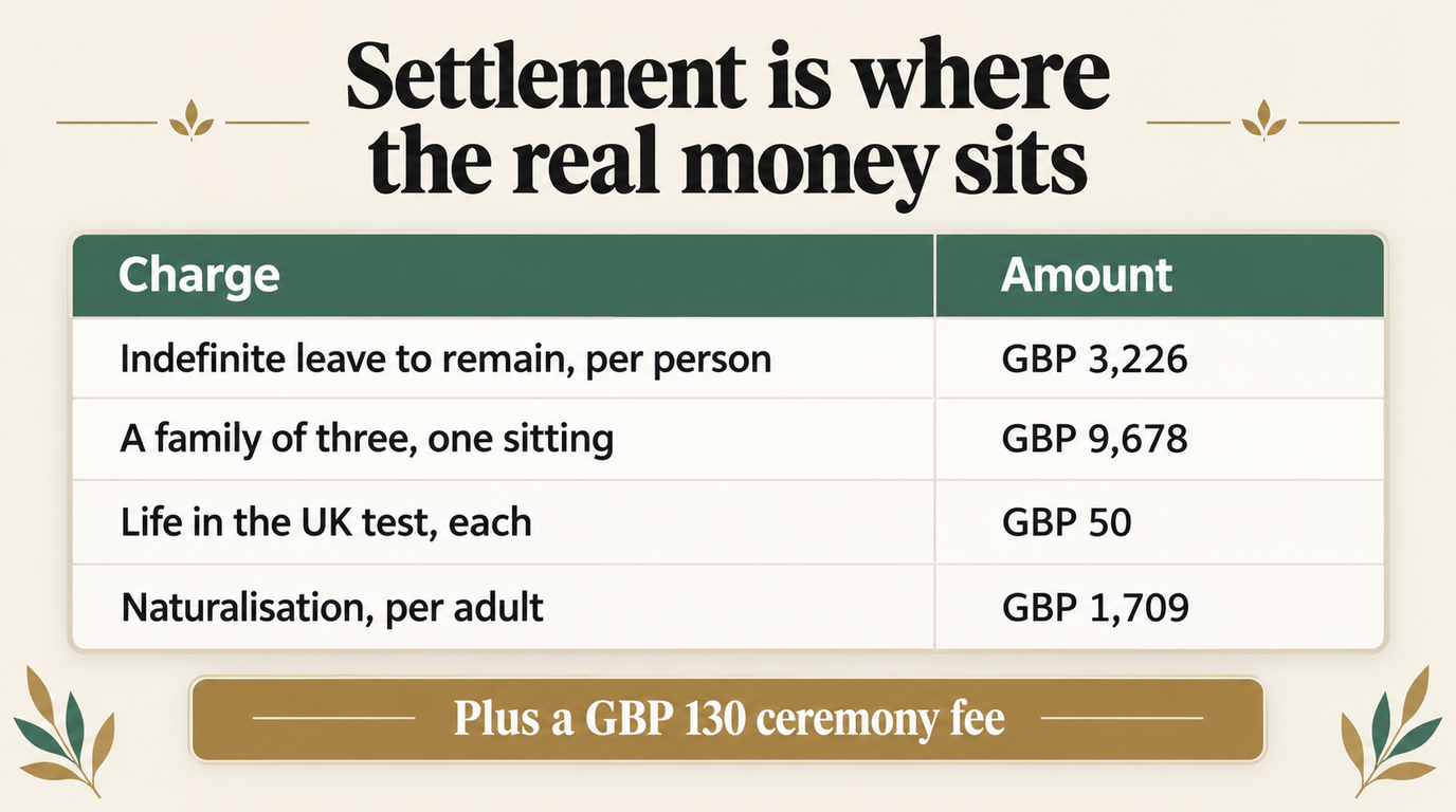 Table of UK settlement charges: indefinite leave to remain at GBP 3,226 per person, GBP 9,678 for a family of three in one sitting, GBP 50 each for the Life in the UK test and GBP 1,709 per adult for naturalisation, over a footer reading plus a GBP 130 ceremony fee.