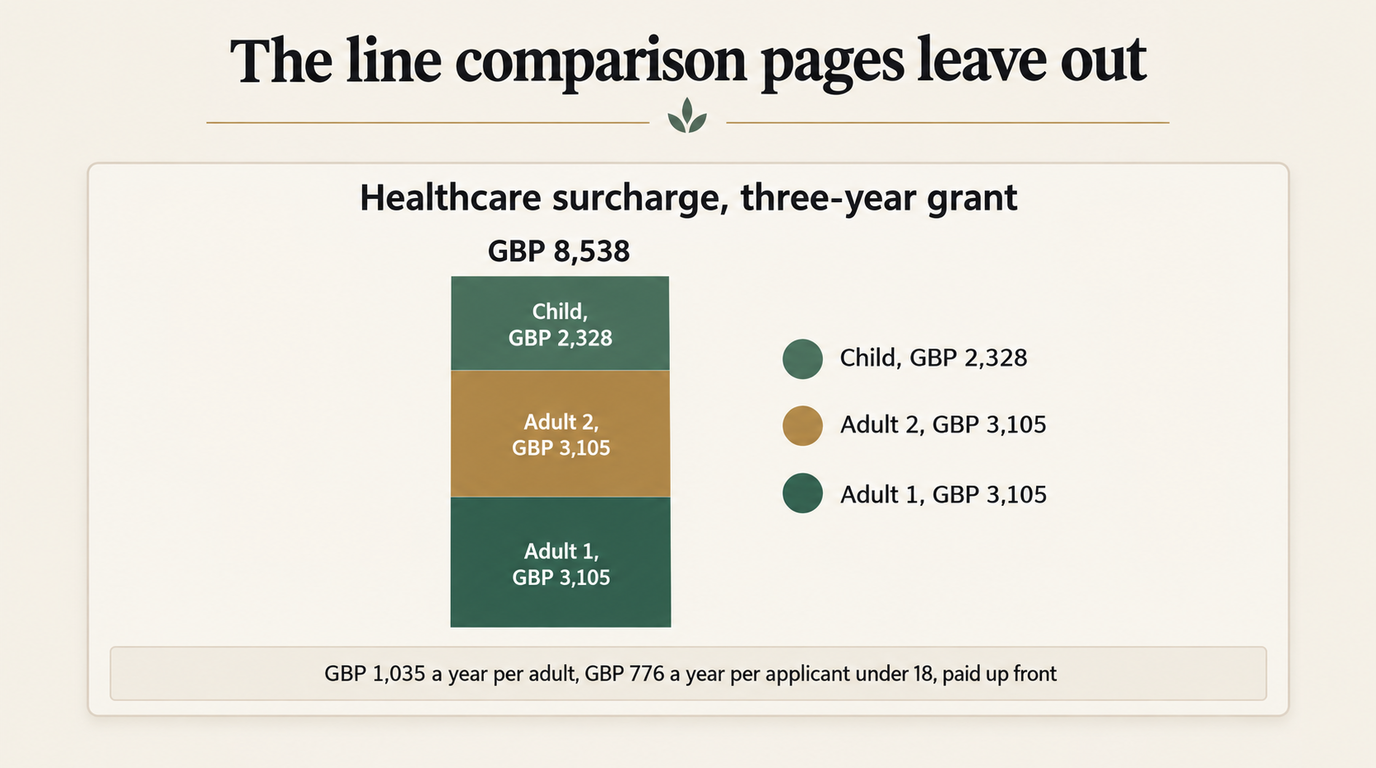 Stacked column of the immigration health surcharge on a three-year grant for a family of three: adult one GBP 3,105, adult two GBP 3,105 and a child GBP 2,328, totalling GBP 8,538, over a note reading GBP 1,035 a year per adult and GBP 776 a year per applicant under 18, paid up front.