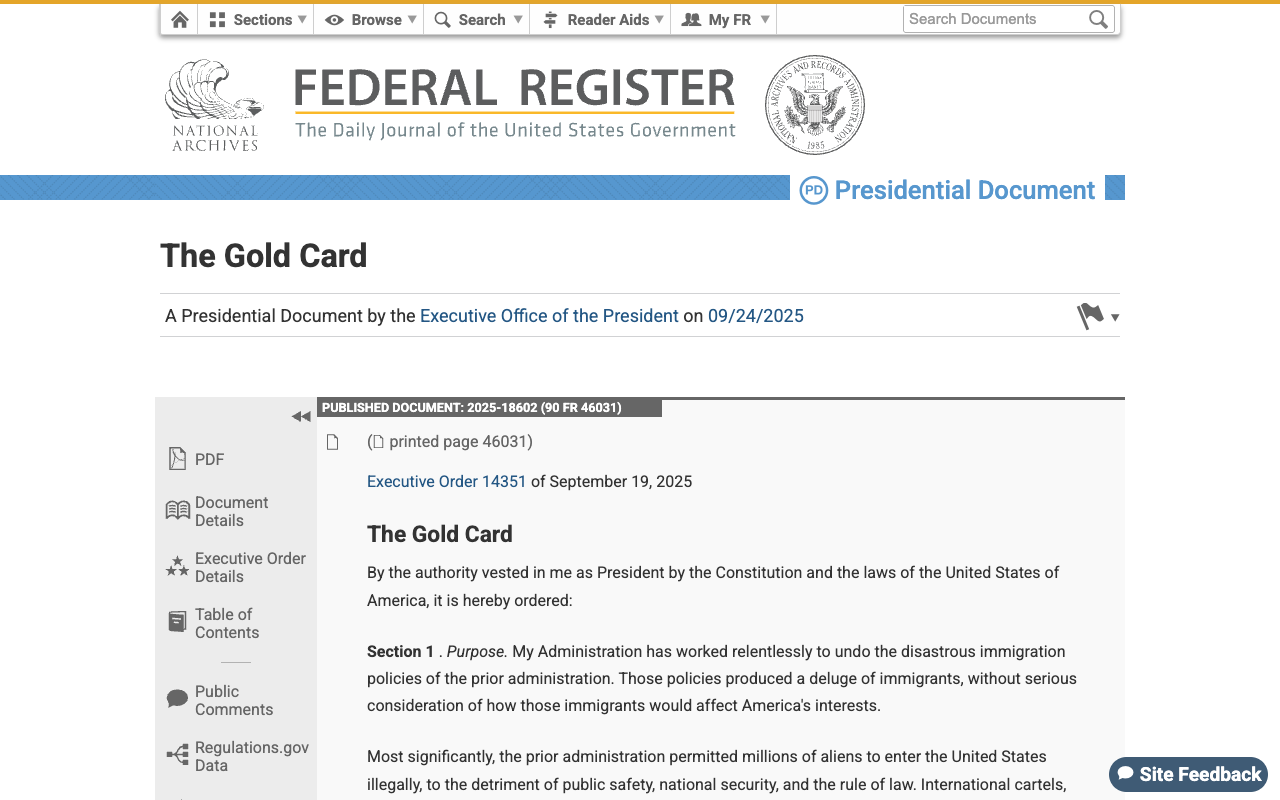 Screenshot of Executive Order 14351 of September 19, 2025 on the Federal Register, titled The Gold Card, published as document 2025-18602 at 90 FR 46031 by the Executive Office of the President on 09/24/2025