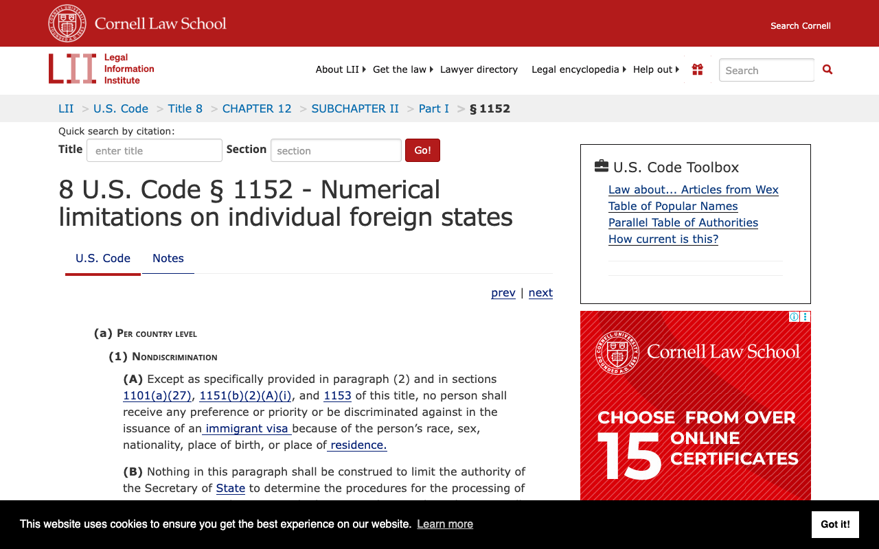 Screenshot of 8 U.S. Code section 1152, Numerical limitations on individual foreign states, on the Cornell Legal Information Institute, showing subsection (a) Per country level and paragraph (1) Nondiscrimination